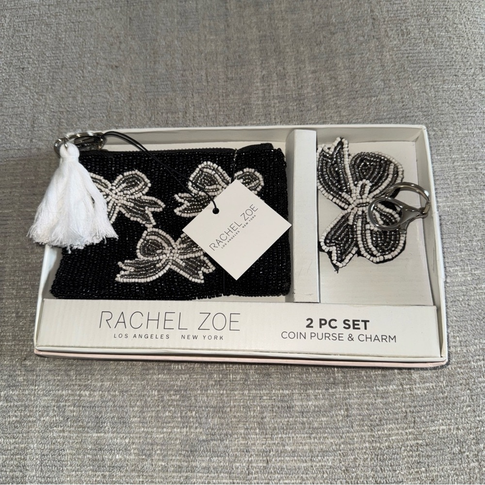 Rachel Zoe Black and Silver Bow Beaded Coin Purse & Charm Set